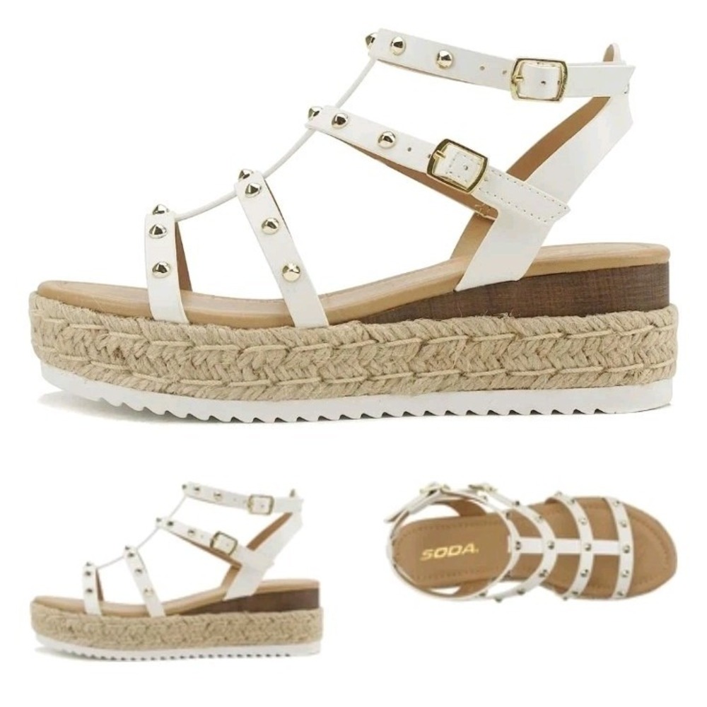 SODA SOMEHOW White Studded Gladiator Espadrille Platform Wedge Sandals 6.5